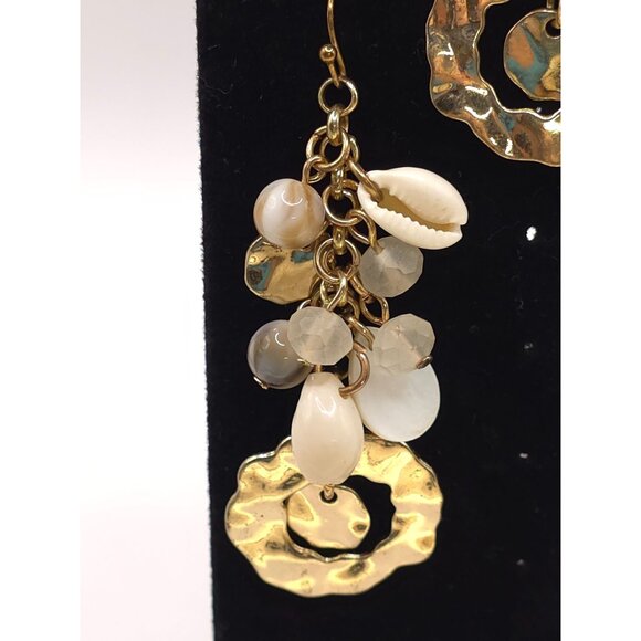 Bohemian Style Gold Tone Seashell & Bead Dangle Earrings - Picture 4 of 8